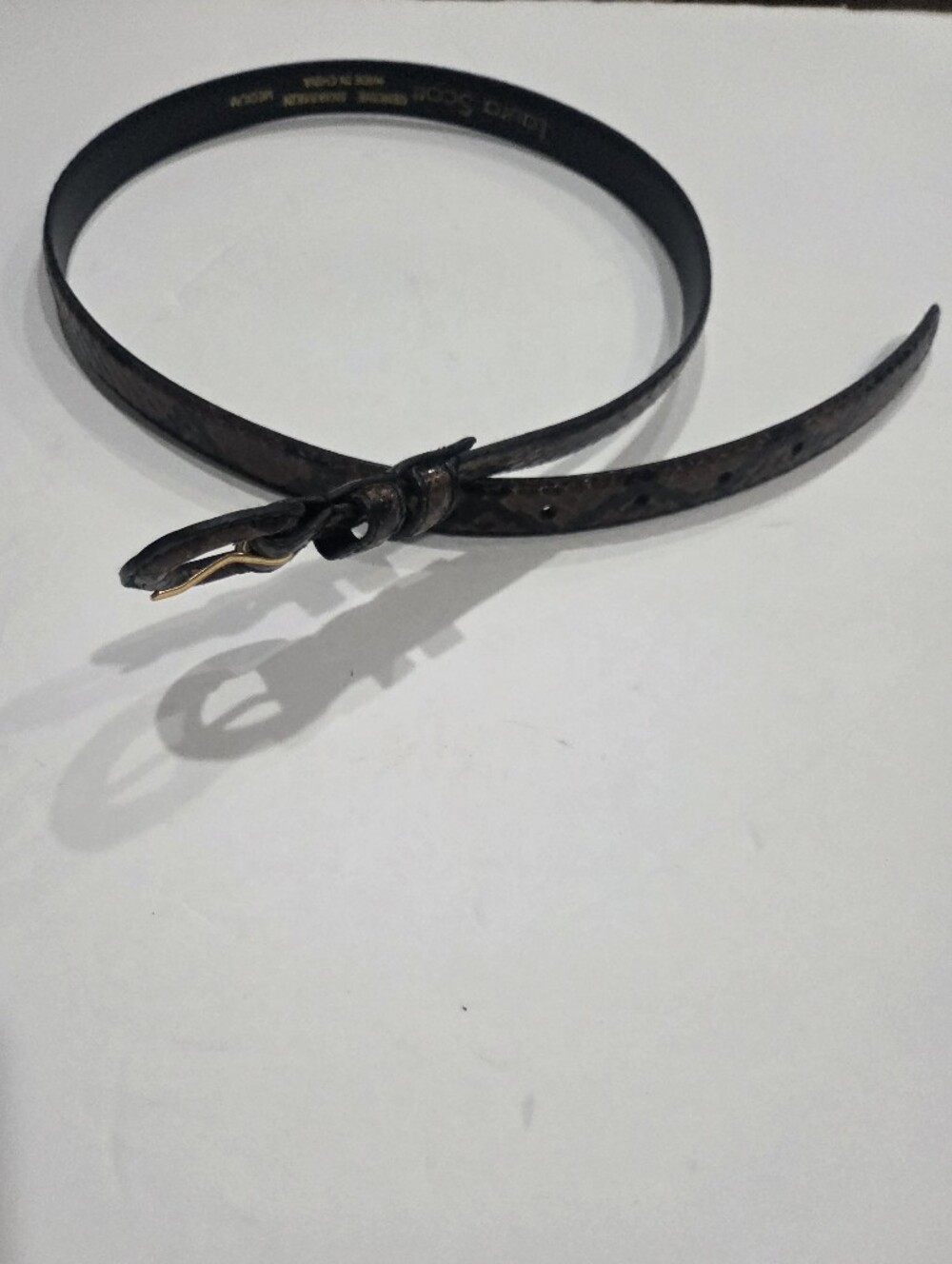 Laura Scott Slim Knotted Belt in Dark Brown with Gold Buckle Sneakeskin Sz.M